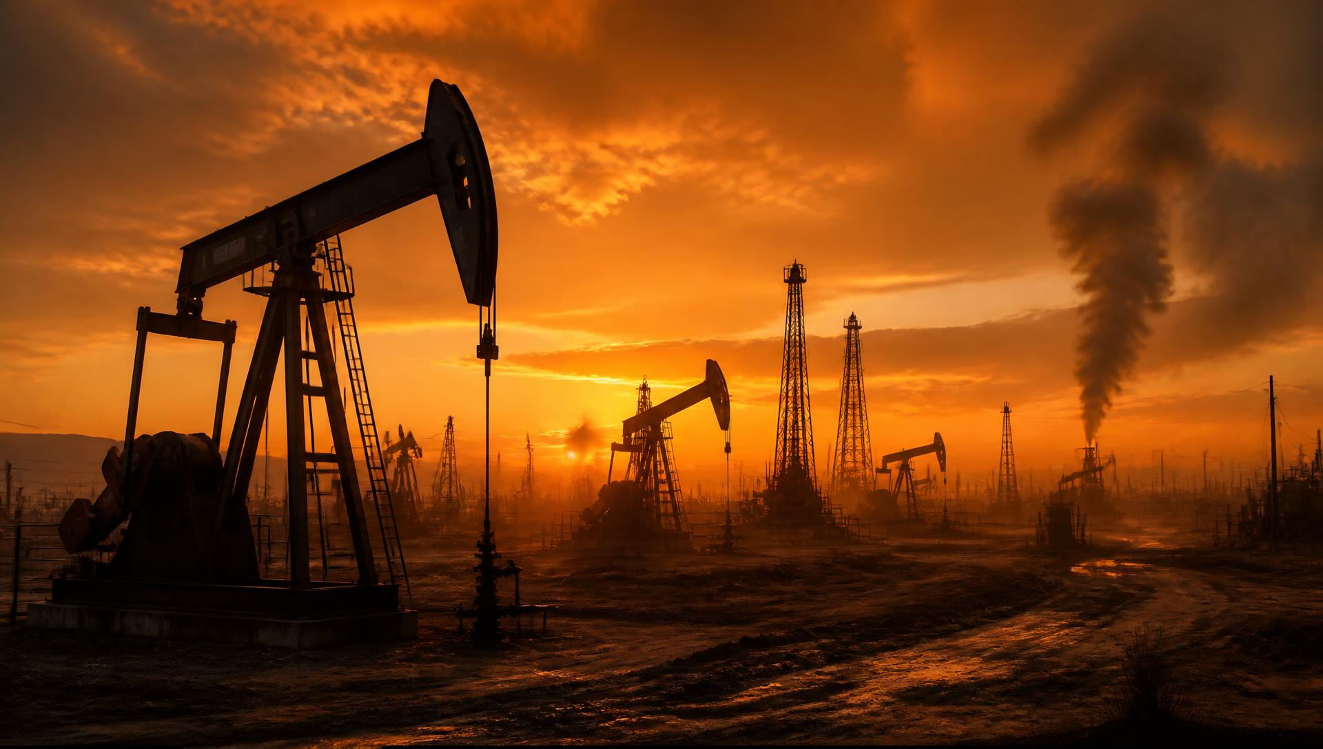 Silhouetted oil derricks and pumpjacks across a hazy oil field at sunset